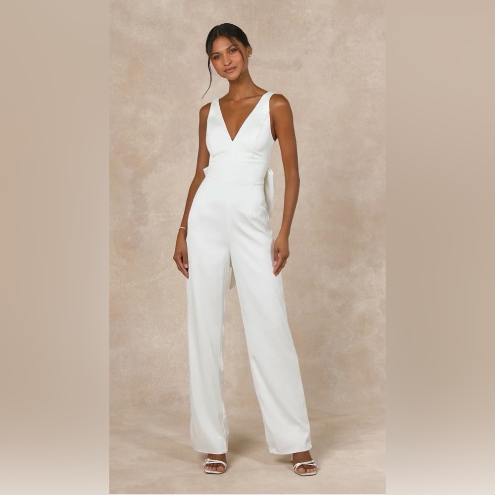 Lulus Ivory Satin Bow Back Sleeveless Wedding/Reception Jumpsuit
